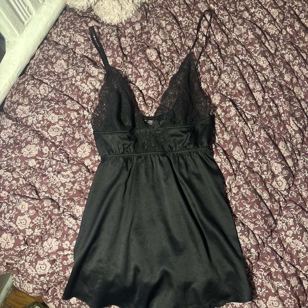 Victoria's Secret Black Satin Lace Chemise